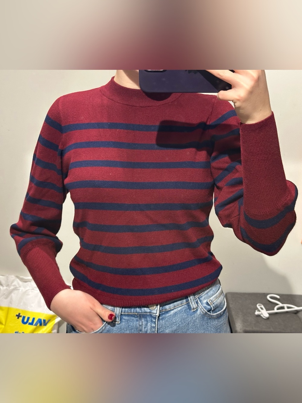 New Look Burgundy and Navy Striped Crewneck Sweater